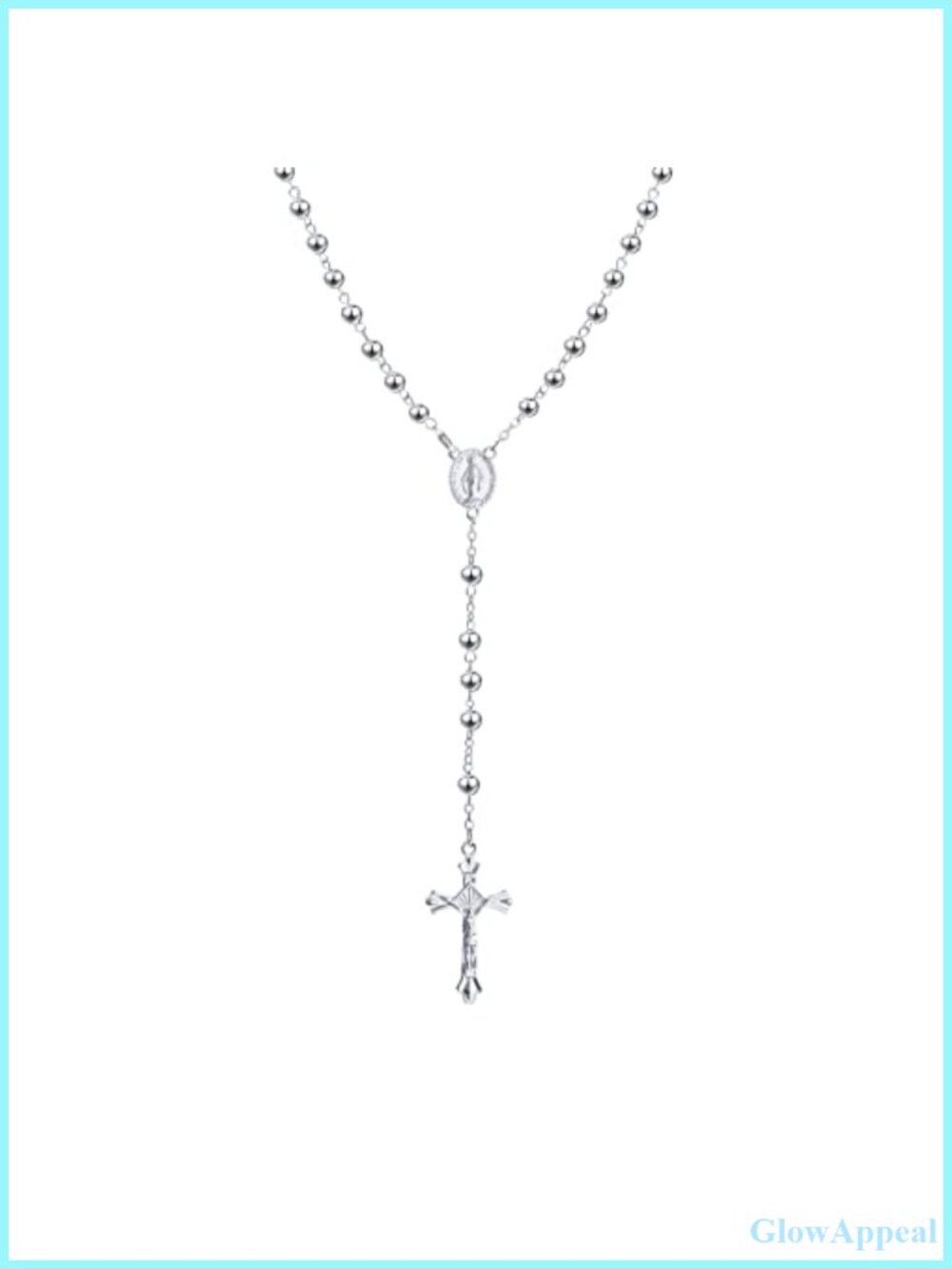 925 Sterling Silver Plated Rosary Beads Necklace 21 Inch Cross Pendant